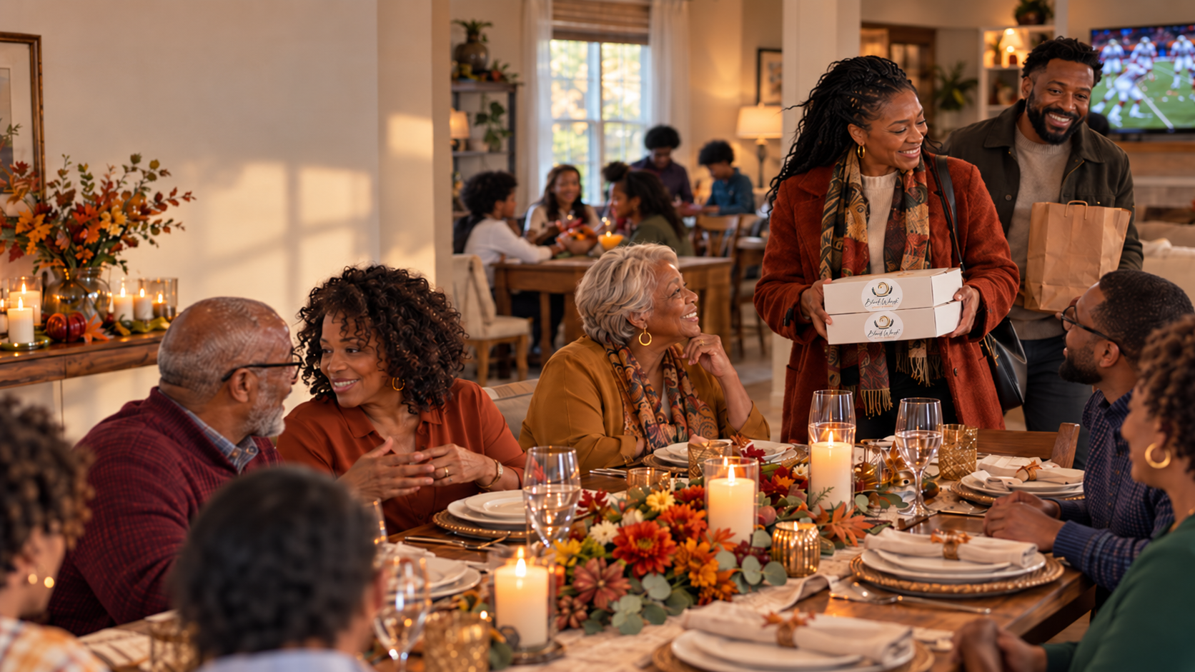 Family and friends gathered at a Thanksgiving table with Black Whisk pie